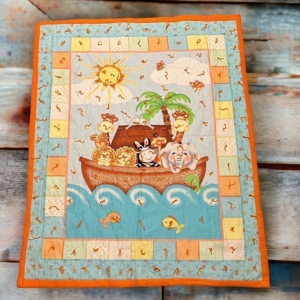 Noah’s Ark Quilt Handmade 36”x45” Orange Blue Baby Gender Neutral Nursery